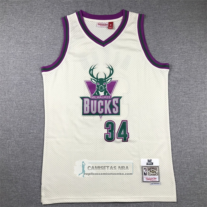 Camiseta Milwaukee Bucks Ray Allen NO 34 Mitchell & Ness Chainstitch Crema